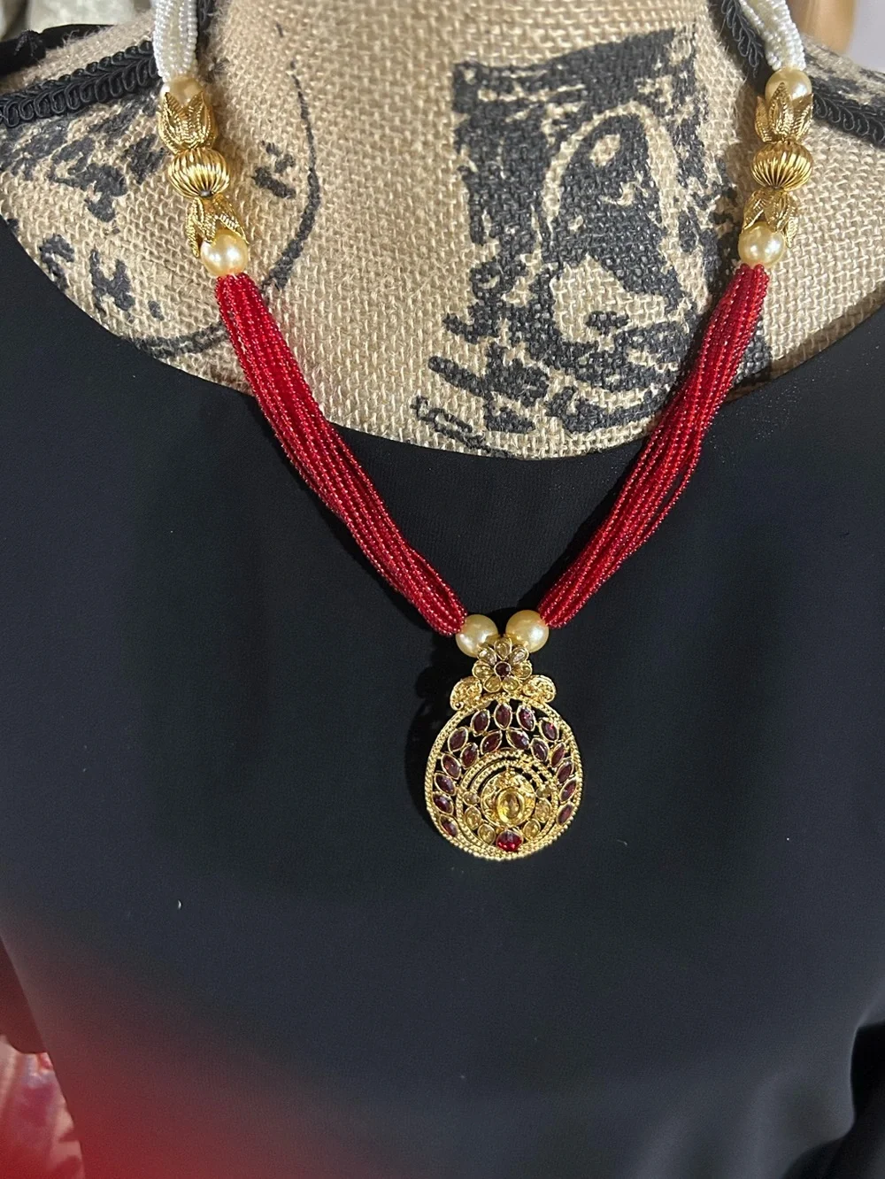 Red Beaded Gold Pendant Necklace - Women Jewelry